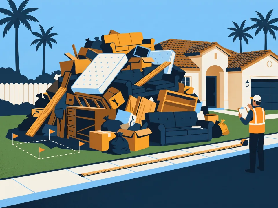 Illustration: a curbside bulk pickup pile and the city truck