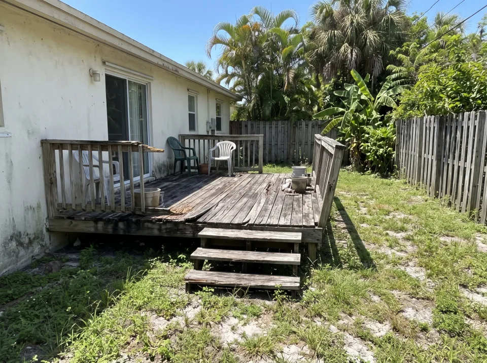 Illustration: a weathered, sagging wooden deck behind a South Florida house: gray rotting boards, a broken railing, plastic chairs, a lawn and a wooden fence, tropical plants, sunny day.
