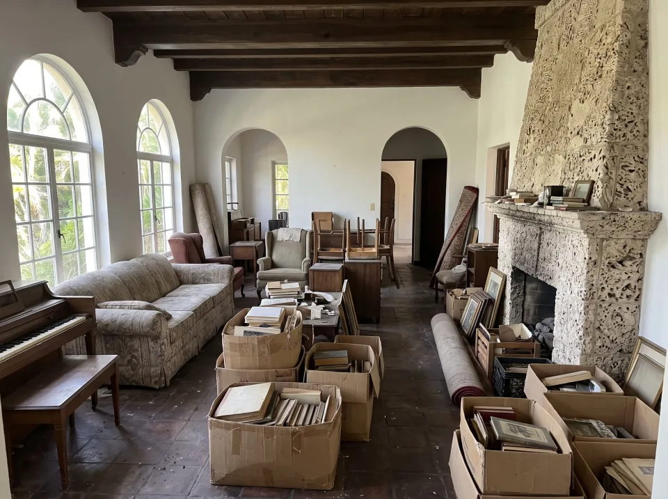 Illustration: a living room in a 1920s Coral Gables Mediterranean house with arched doorways and a coral-stone fireplace: an old sofa, armchairs, a piano bench, boxes of books, rolled rugs and stacked furniture.