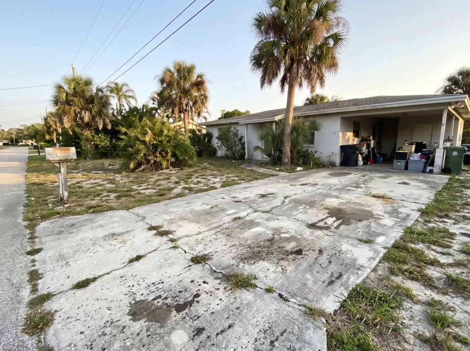 Illustration: a cracked, stained concrete driveway in front of a South Florida ranch house with a carport, a mailbox and palms, morning light.