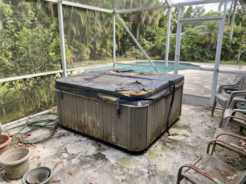 Illustration: an old, faded hot tub with a torn cover on a concrete pad on a screened South Florida patio, a pool beyond the screen, patio chairs, sunny day.