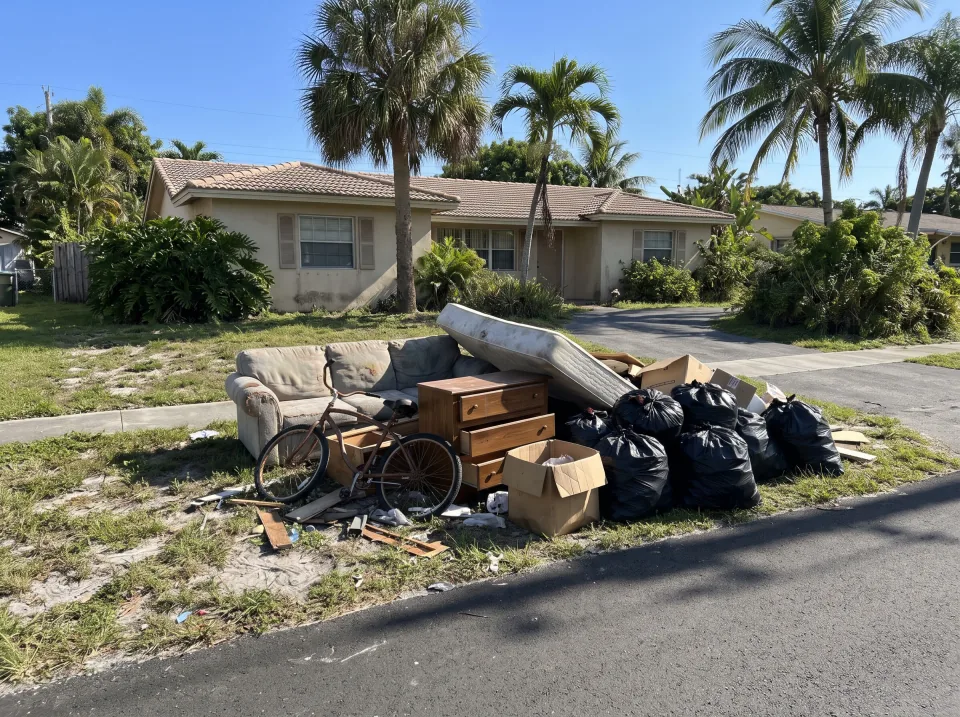 Illustration: a curbside junk pile on the grass swale in front of a single-story South Florida stucco house: an old sofa, a mattress, a broken dresser, black trash bags, a bike and cardboard boxes, palm trees, bright afternoon sun.