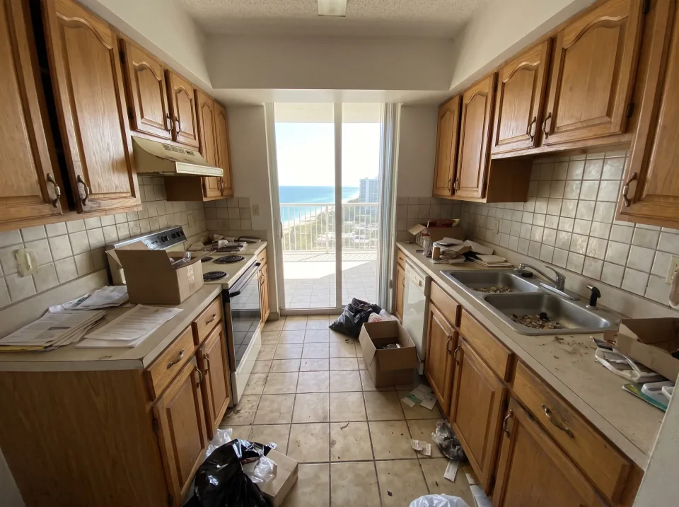 Illustration: the kitchen of a Miami-Dade high-rise condo with ocean light through floor-to-ceiling windows: dated wood cabinets, tile backsplash, laminate countertops and an old range hood, tile floor.