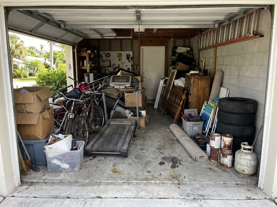 Illustration: a cluttered one-car garage in a South Florida house: old furniture, boxes, a broken treadmill, bikes, plus a few paint cans, a propane tank and old tires along one wall, garage door open to daylight.