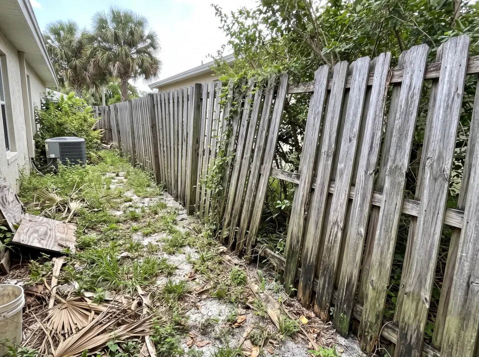 Illustration: a long, leaning, weathered wooden privacy fence along a South Florida side yard, several boards missing.