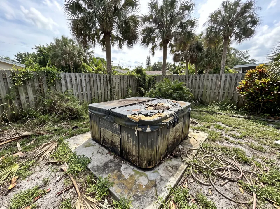 Illustration: an old weathered hot tub with a torn cover on a concrete pad in a fenced South Florida backyard with palm trees.