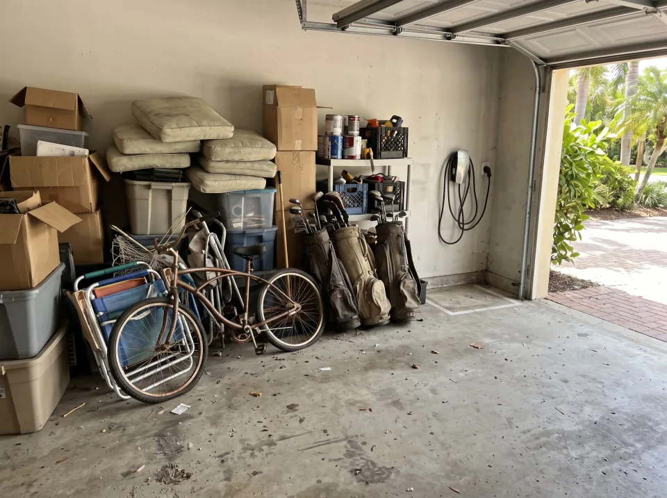 Illustration: a Boca Raton villa garage with old golf bags, a broken bicycle, patio cushions and stacked boxes, a golf cart parking space