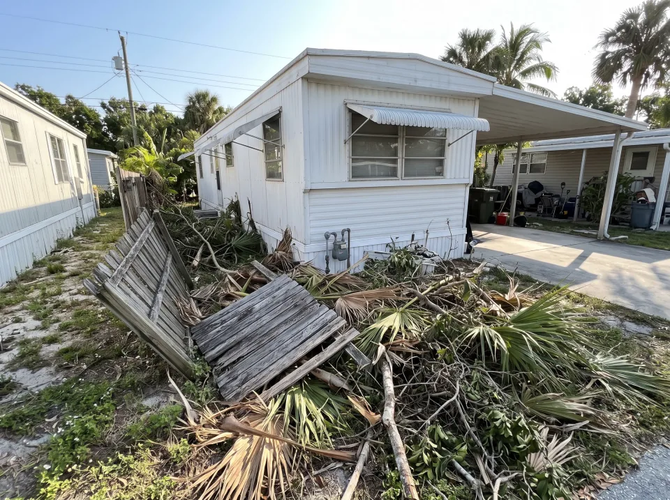 Illustration: a side yard full of storm-fallen branches, palm fronds and an old fence section at a white mobile home in a Briny Breezes park with a carport and small yard, bright morning light