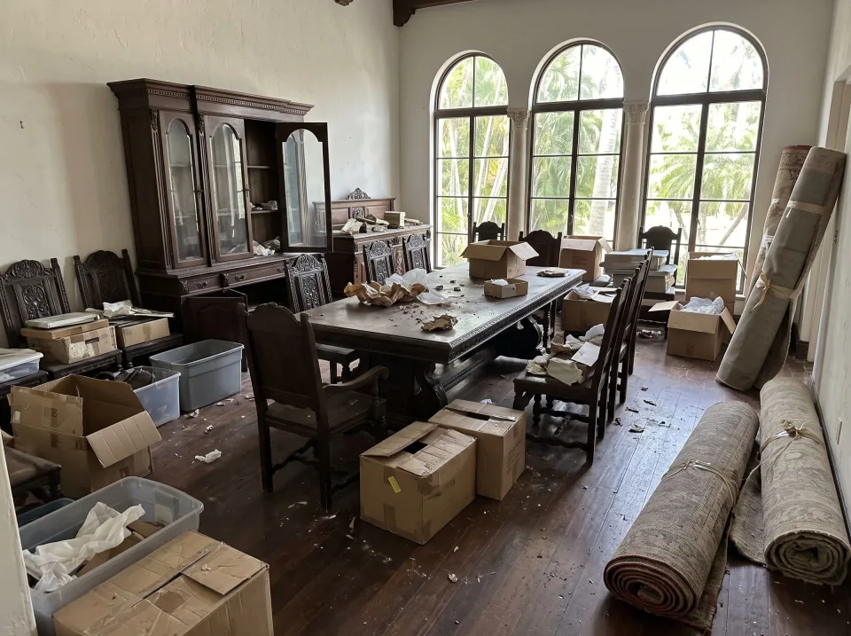 Illustration: a Coral Gables estate dining room with heavy antique furniture, a china cabinet, boxes and rolled rugs, arched windows and hardwood floors