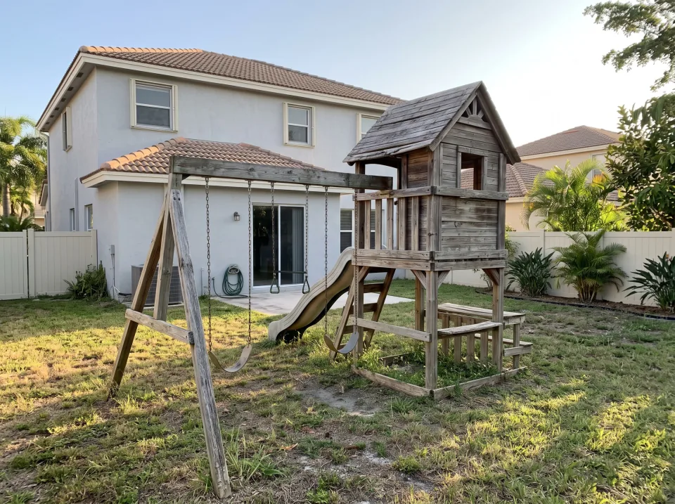 Illustration: a sun-faded wooden swing set and playhouse in the backyard at a light gray two-story home in a Cutler Bay gated community with manicured landscaping, barrel tile roof, warm late-afternoon light