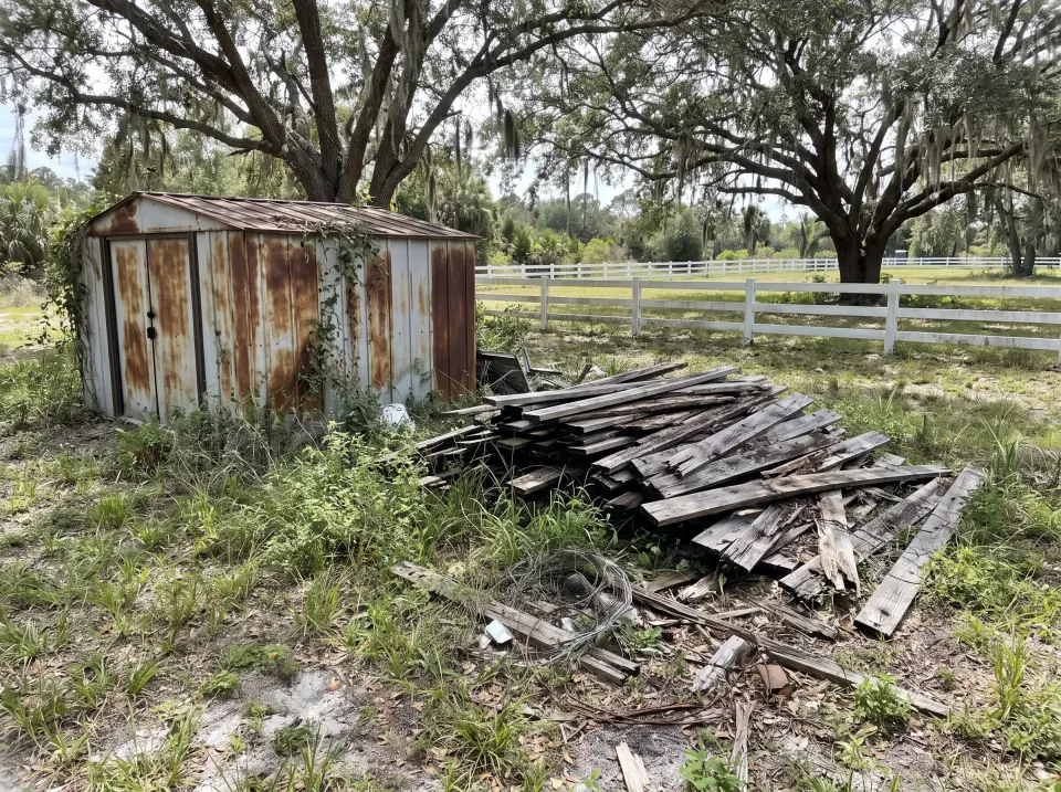 Illustration: a rusted metal garden shed with dented doors in the corner of a fenced South Florida backyard on a concrete slab, lawn around it.