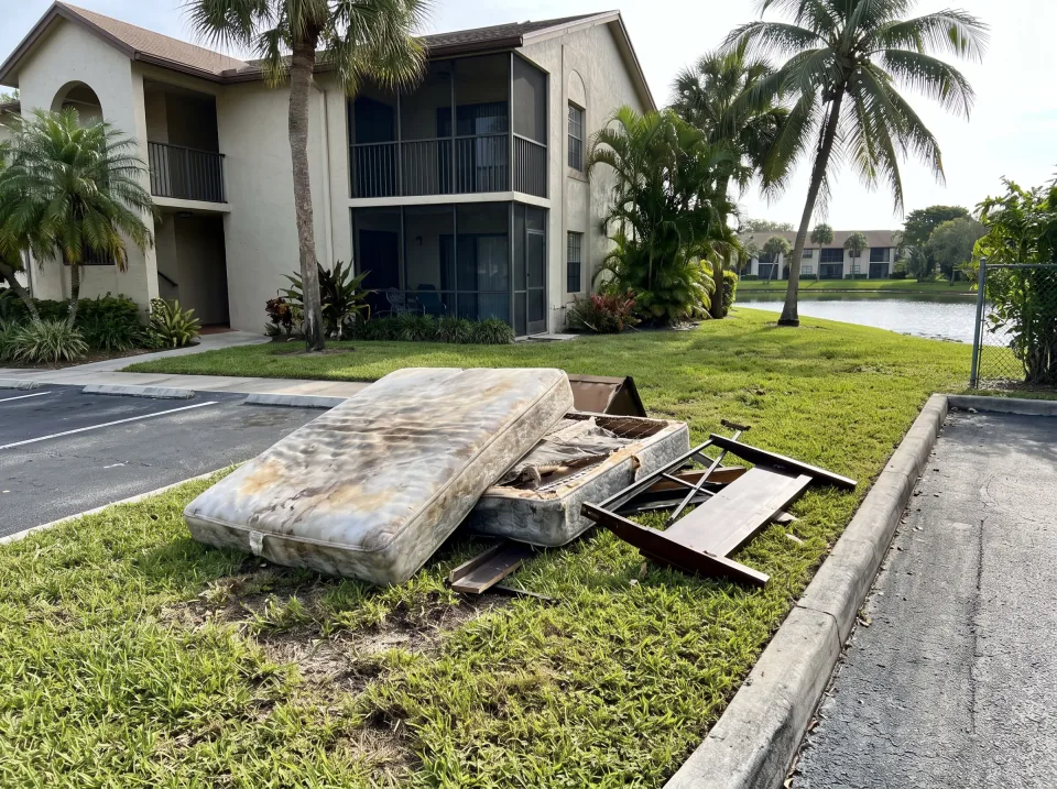 Illustration: an old stained mattress, a box spring and a broken bed frame left on the grass swale inside a Fort Lauderdale garden-style condo unit with a screened balcony looking out on palm trees and a lake, bright morning light