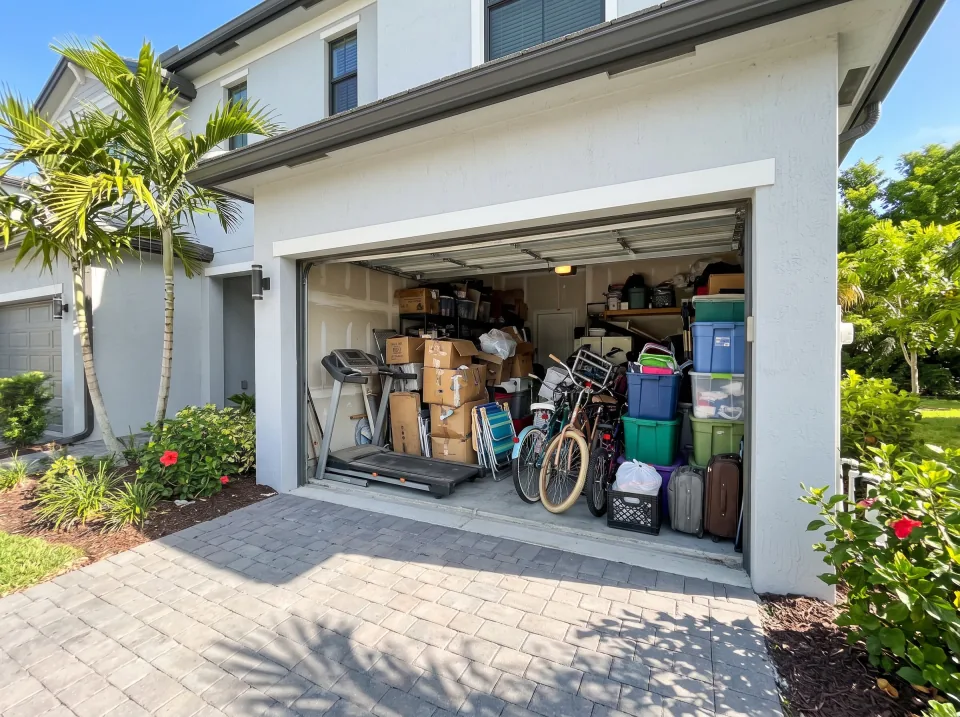 Illustration: a garage packed with boxes, an old treadmill, bikes and storage bins at a light gray Fort Lauderdale townhome with a small front garage and young palms, bright morning light