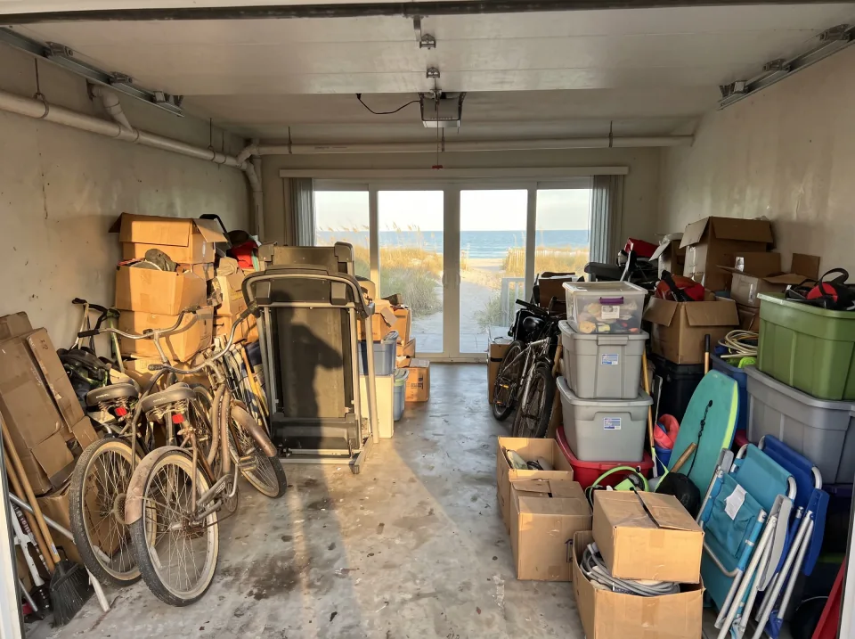 Illustration: a garage packed with boxes, an old treadmill, bikes and storage bins inside a Hollywood beachside condo unit with ocean view through sliding glass doors, warm late-afternoon light