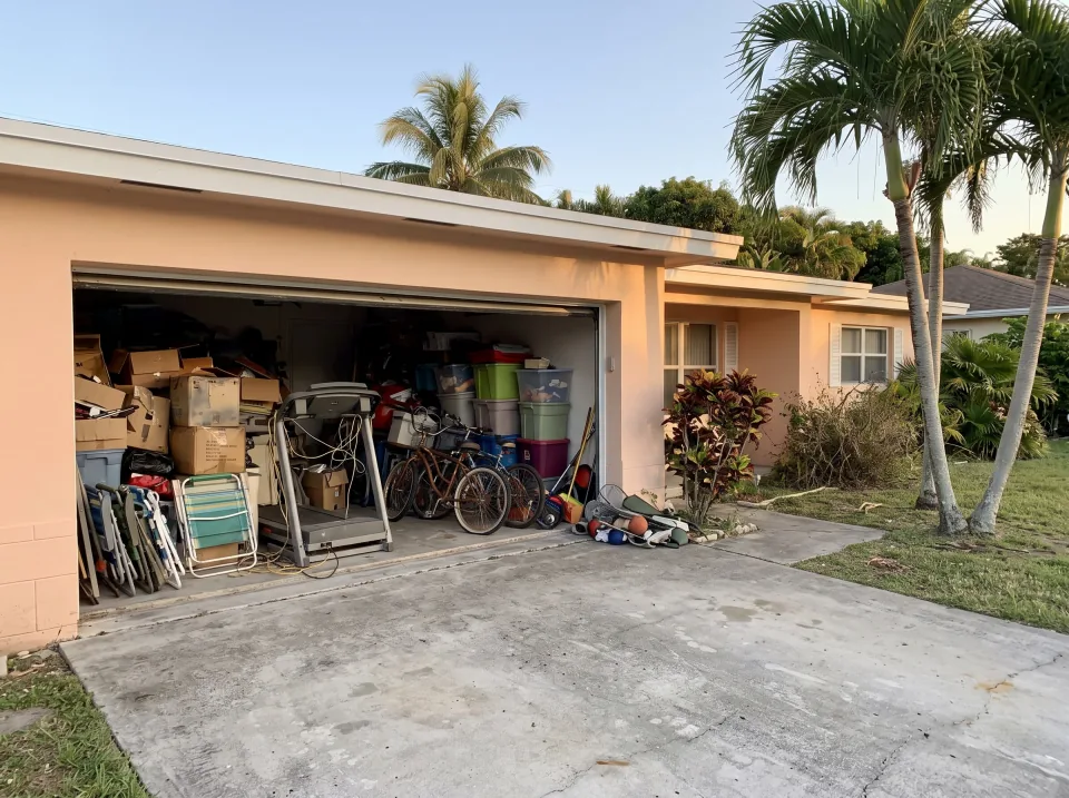 Illustration: a garage packed with boxes, an old treadmill, bikes and storage bins at a soft peach single-story Pembroke Pines concrete block home with a flat white roof and palm trees, warm late-afternoon light