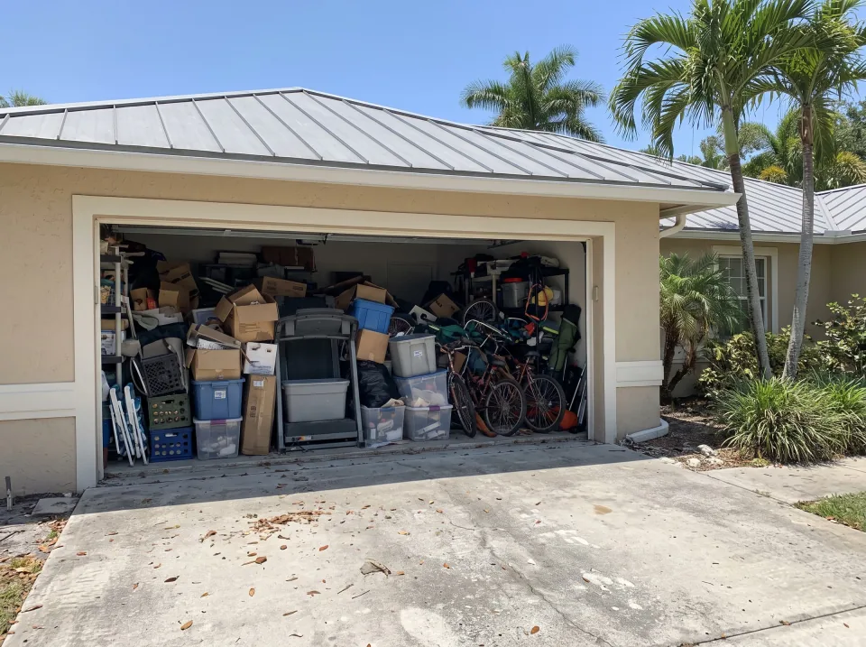 Illustration: a garage packed with boxes, an old treadmill, bikes and storage bins at a sand beige single-story Weston concrete block home with a standing-seam metal roof and palm trees, clear midday sun