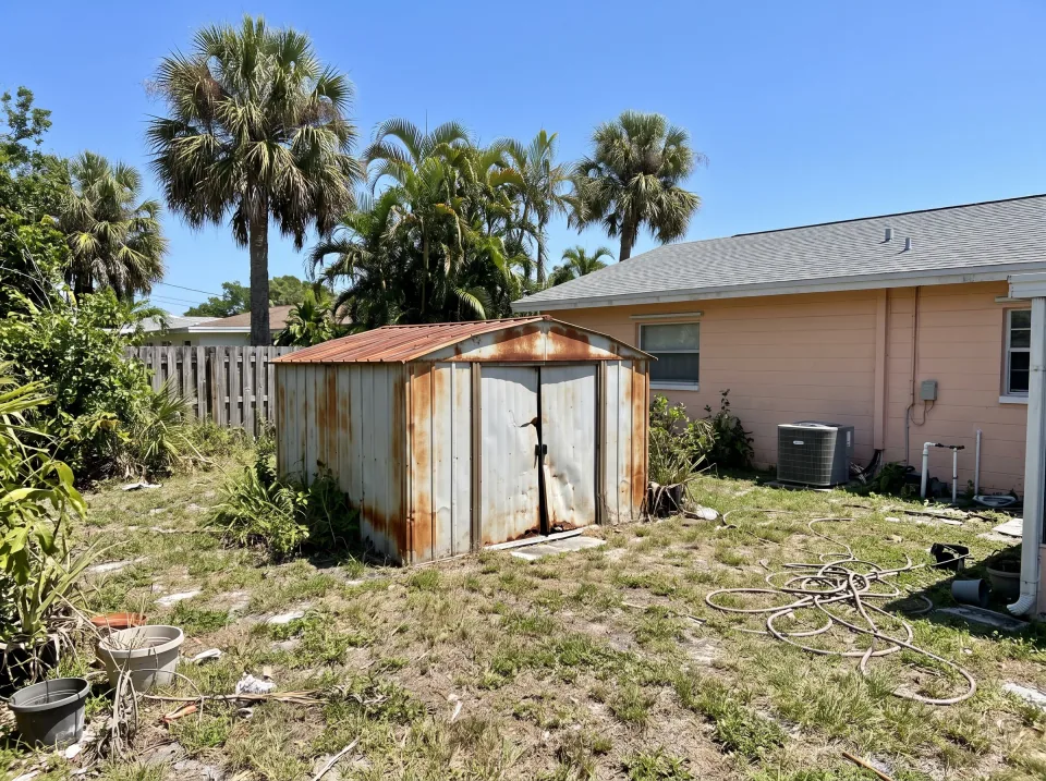 Illustration: an old refrigerator, washer and dryer moved out of a home garage