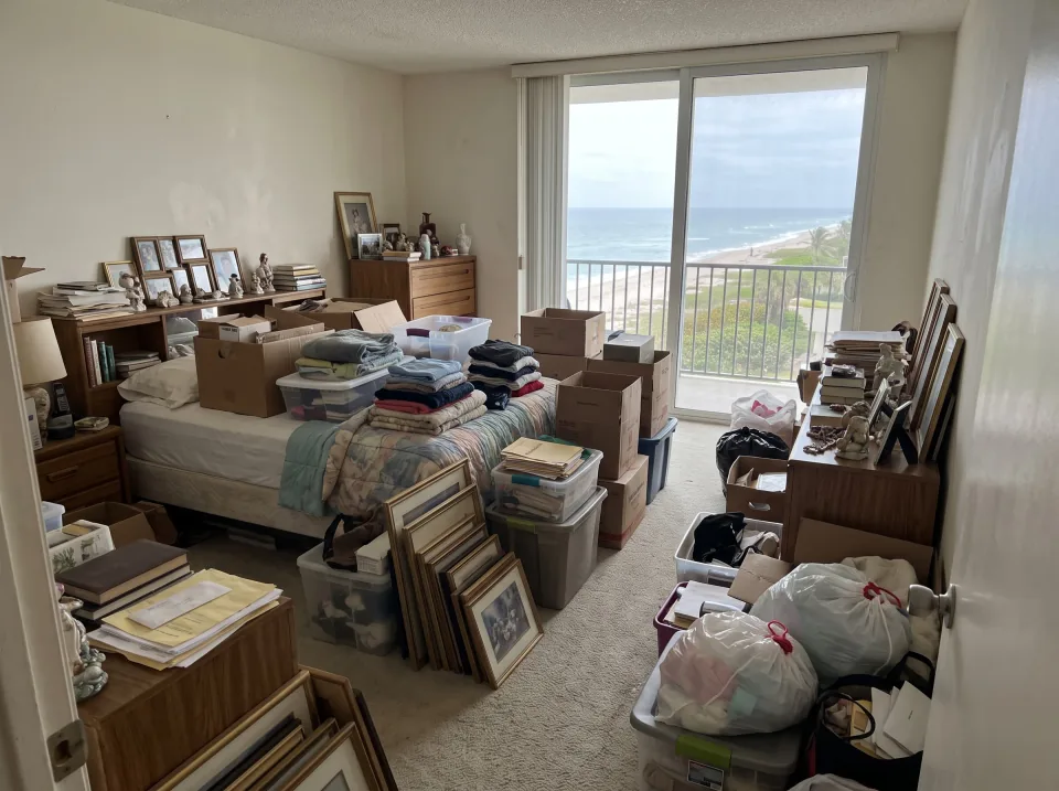Illustration: a bedroom full of a lifetime of belongings: a bed, dresser, boxes and framed pictures inside a Hillsboro Beach beachside condo unit with ocean view through sliding glass doors, soft overcast light