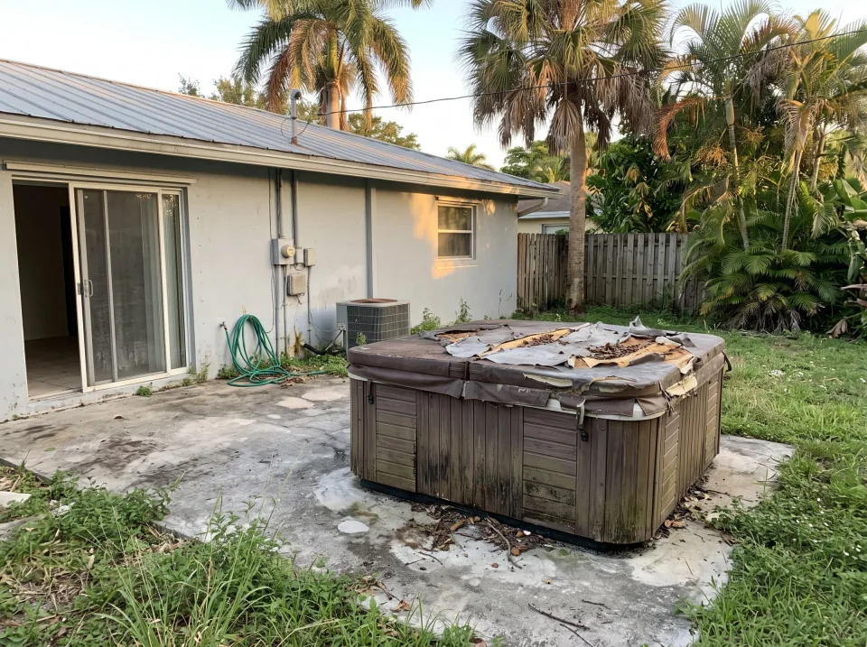 Illustration: an old weathered hot tub with a torn cover on the back patio at a light gray single-story Pembroke Pines concrete block home with a standing-seam metal roof and palm trees, warm late-afternoon light