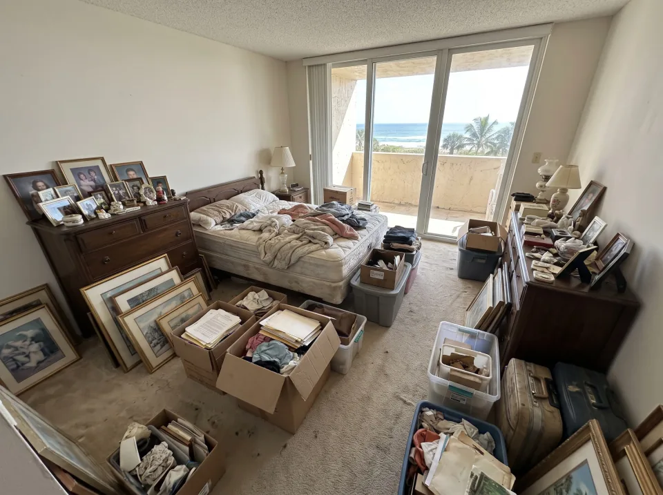 Illustration: a bedroom full of a lifetime of belongings: a bed, dresser, boxes and framed pictures inside a Hollywood beachside condo unit with ocean view through sliding glass doors, bright morning light