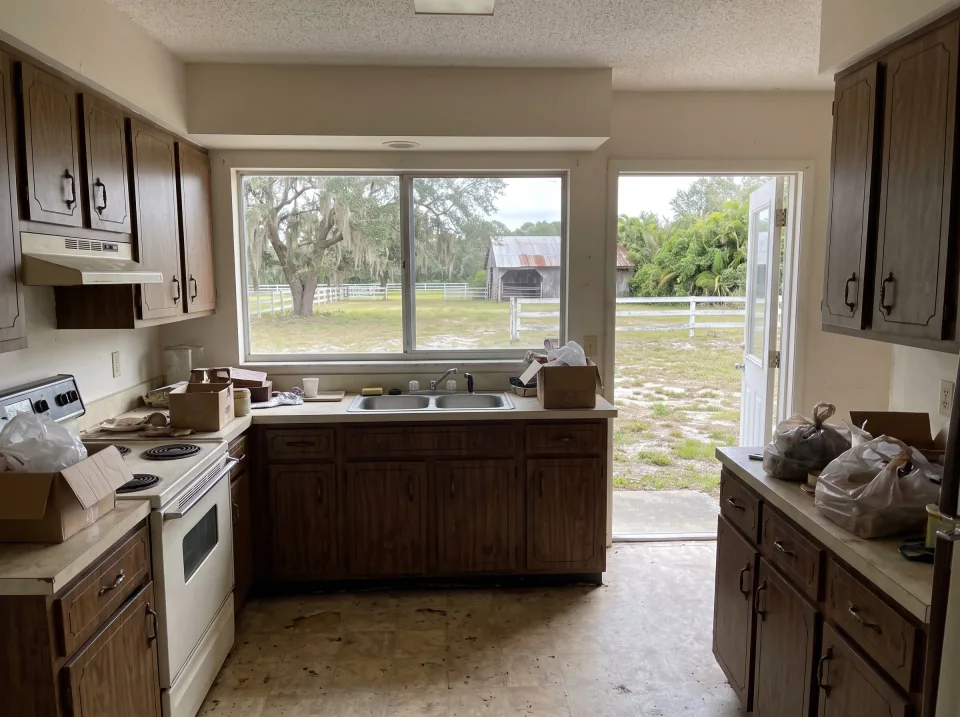 Illustration: a dated kitchen with old wood cabinets, laminate counters and a white stove on a large Davie country lot with white horse fencing, oak trees and a barn, soft overcast light