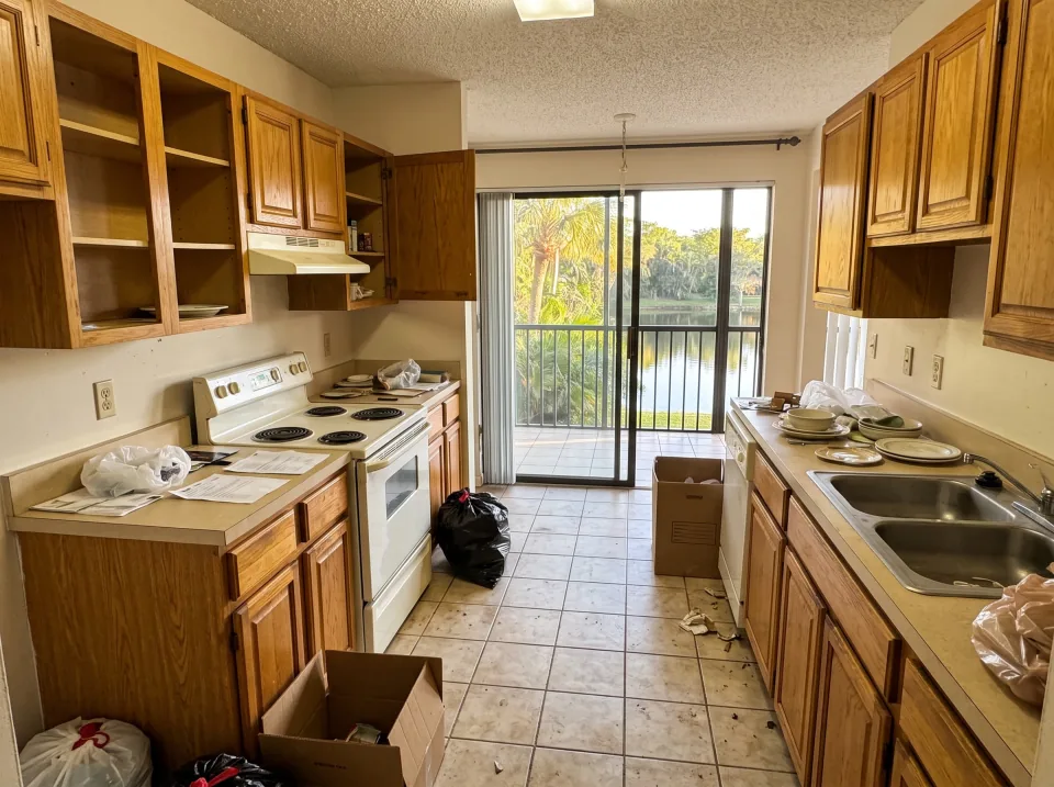 Illustration: a dated kitchen with old wood cabinets, laminate counters and a white stove inside a Fort Lauderdale garden-style condo unit with a screened balcony looking out on palm trees and a lake, warm late-afternoon light
