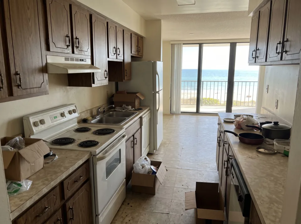 Illustration: a dated kitchen with old wood cabinets, laminate counters and a white stove inside a Hollywood beachside condo unit with ocean view through sliding glass doors, clear midday sun