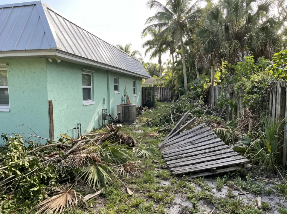 Illustration: a side yard full of storm-fallen branches, palm fronds and an old fence section at a mint green single-story Jupiter Inlet Colony concrete block home with a standing-seam metal roof and palm trees, bright morning light