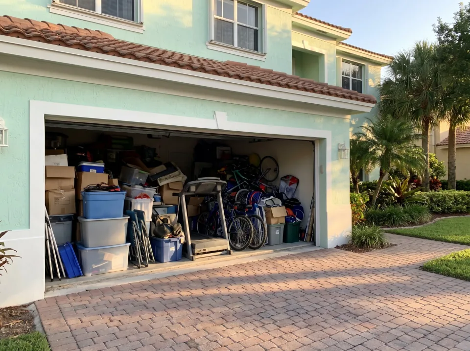 Illustration: a garage packed with boxes, an old treadmill, bikes and storage bins at a mint green two-story home in a Kendale Lakes gated community with manicured landscaping, terracotta tile roof, warm late-afternoon light