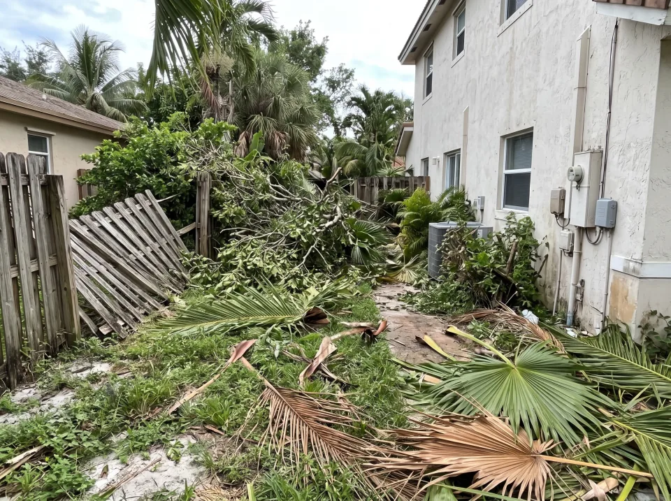 Illustration: a Kendall side yard filled with storm-fallen tree branches, palm fronds and a toppled old fence section beside a two-story house