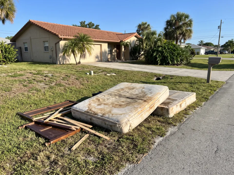 Illustration: an old stained mattress, a box spring and a broken bed frame left on the grass swale at a sand beige single-story Kendall West concrete block home with a terracotta tile roof and palm trees, bright morning light
