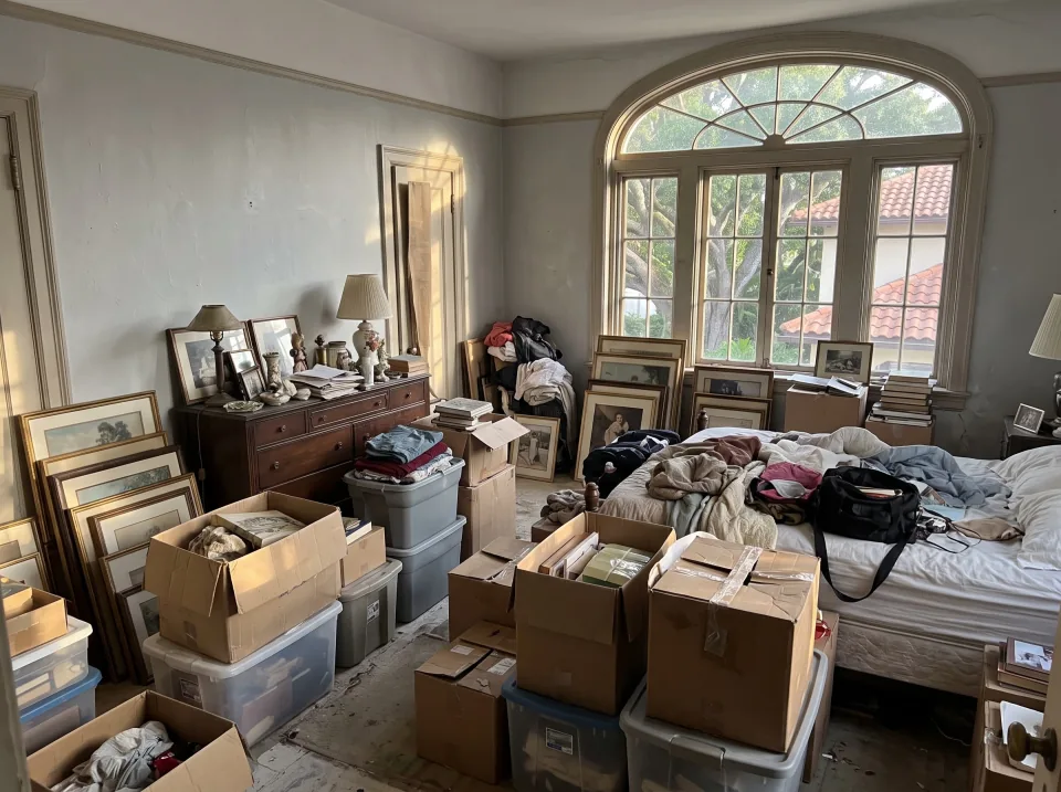 Illustration: a bedroom full of a lifetime of belongings: a bed, dresser, boxes and framed pictures at a light gray historic Lake Park home with arched windows, terracotta tile roof and big shade trees, warm late-afternoon light