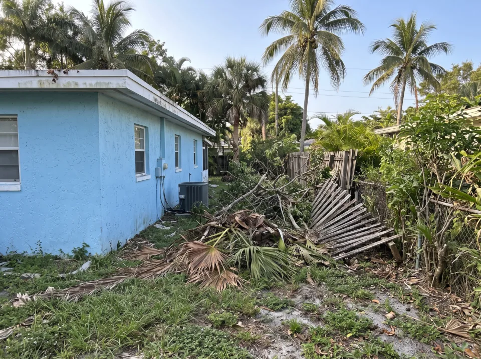 Illustration: a side yard full of storm-fallen branches, palm fronds and an old fence section at a sky blue single-story Lantana concrete block home with a flat white roof and palm trees, bright morning light