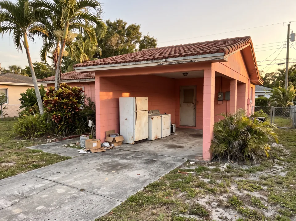 Illustration: an old refrigerator, a washer and a dryer pushed together in the carport at a coral pink single-story Lazy Lake concrete block home with a barrel tile roof and palm trees, warm late-afternoon light