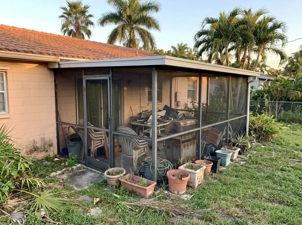 Illustration: a screened patio crowded with faded patio chairs, a broken table, an old grill and planters at a soft peach single-story Leisure City concrete block home with a barrel tile roof and palm trees, warm late-afternoon light