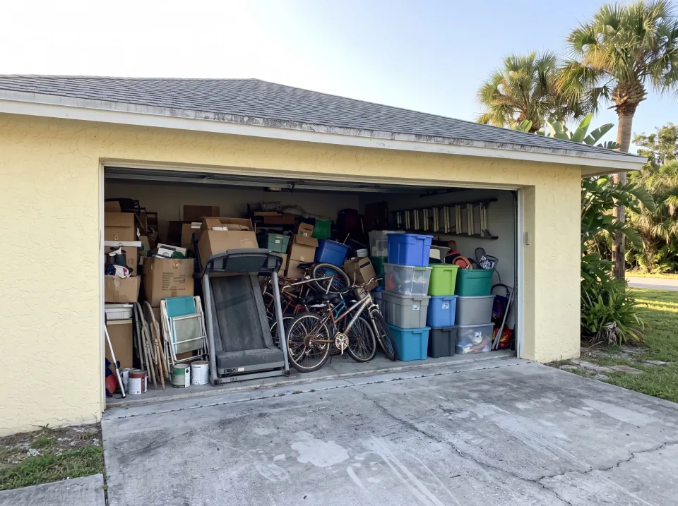 Illustration: a garage packed with boxes, an old treadmill, bikes and storage bins at a pale yellow single-story Manalapan concrete block home with a gray shingle roof and palm trees, bright morning light