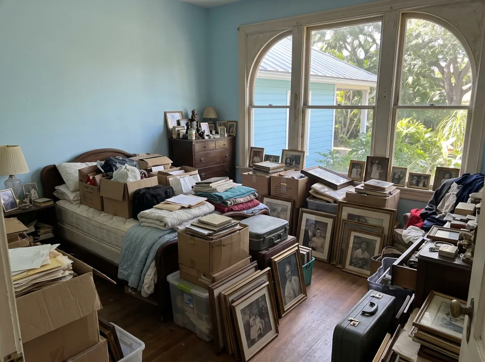 Illustration: a bedroom full of a lifetime of belongings: a bed, dresser, boxes and framed pictures at a sky blue historic Miami Springs home with arched windows, standing-seam metal roof and big shade trees, bright morning light