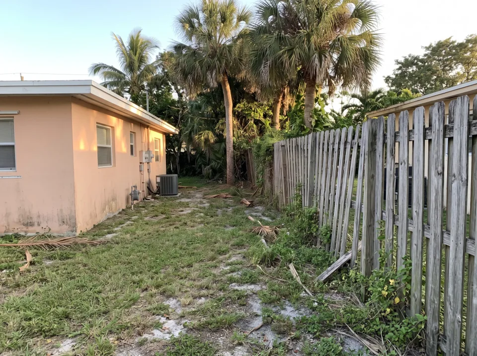 Illustration: a leaning, weathered wooden privacy fence with missing boards along the side yard at a soft peach single-story Oakland Park concrete block home with a flat white roof and palm trees, warm late-afternoon light