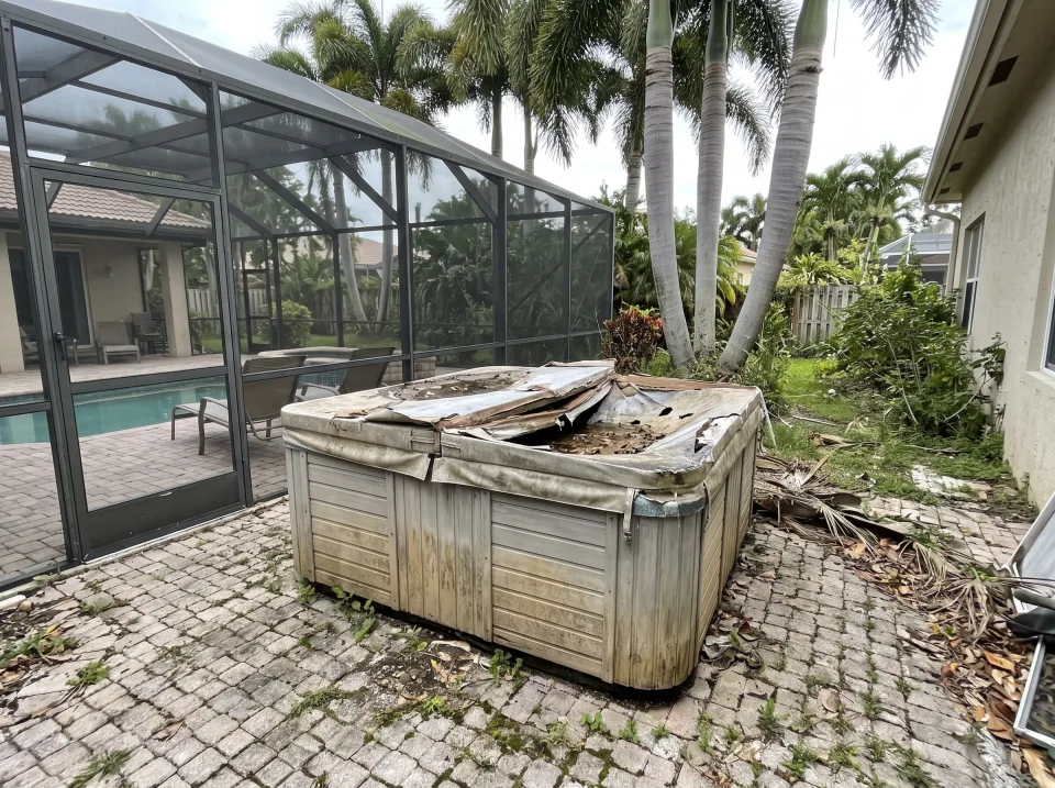 Illustration: a dated living room in a 1970s Florida house with terrazzo floors: a worn sectional sofa, a heavy wooden entertainment center, a broken recliner and a stained area rug.