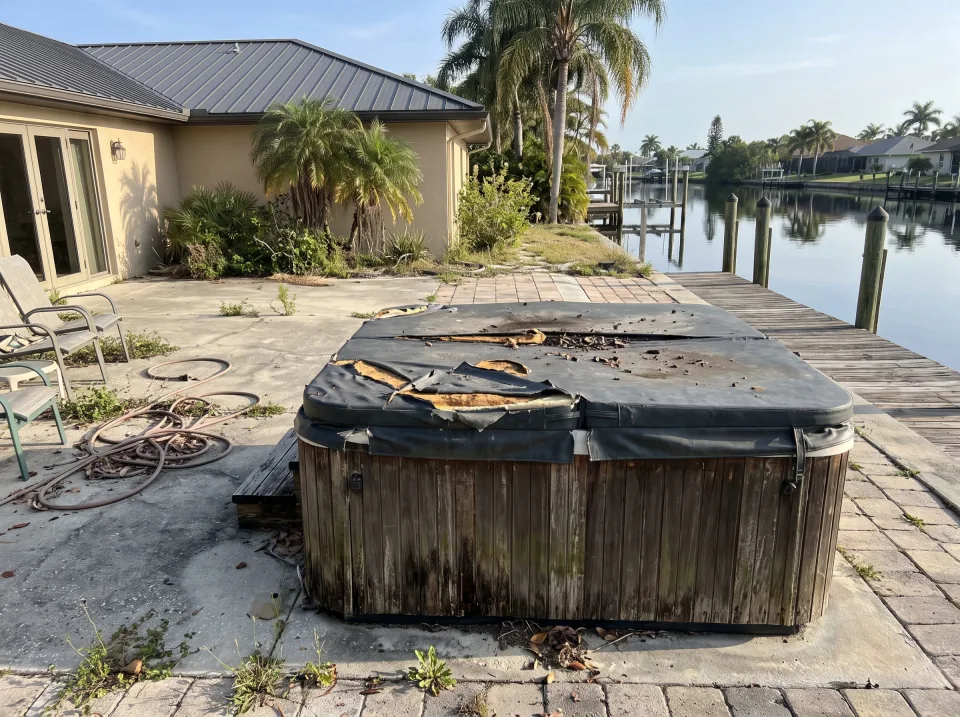 Illustration: an old weathered hot tub with a torn cover on the back patio at a sand beige Palm Springs canal-front home with a boat dock and calm water, standing-seam metal roof, bright morning light