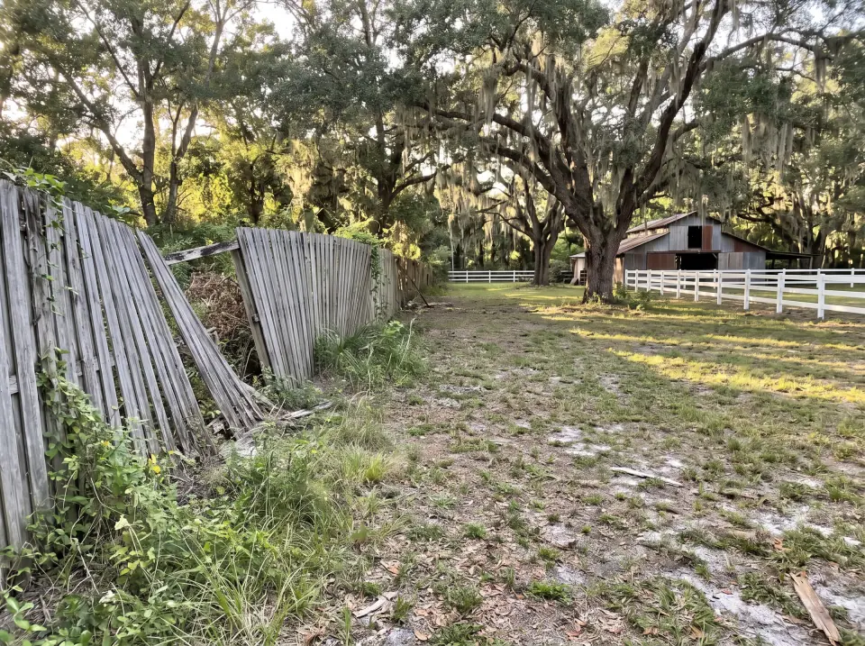 Illustration: a leaning, weathered wooden privacy fence with missing boards along the side yard on a large Pinecrest country lot with white horse fencing, oak trees and a barn, warm late-afternoon light