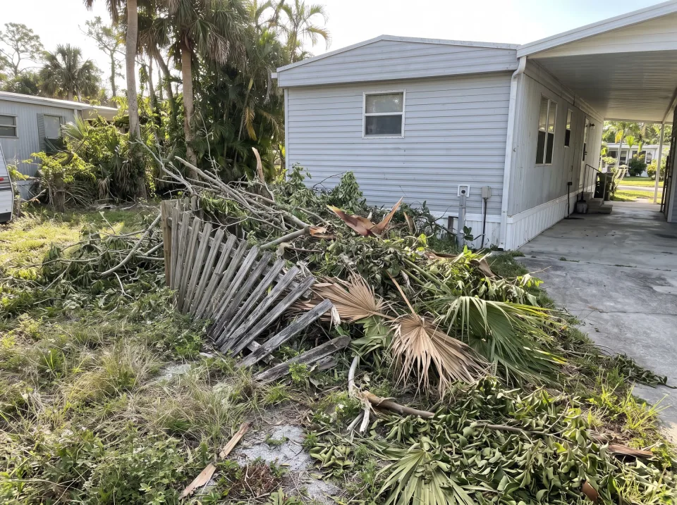 Illustration: a side yard full of storm-fallen branches, palm fronds and an old fence section at a light gray mobile home in a Richmond West park with a carport and small yard, bright morning light