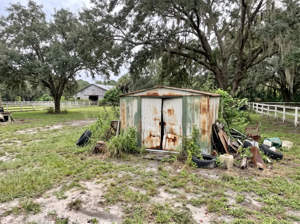 Illustration: a rusted metal garden shed with dented doors in the backyard on a large Davie country lot with white horse fencing, oak trees and a barn, soft overcast light