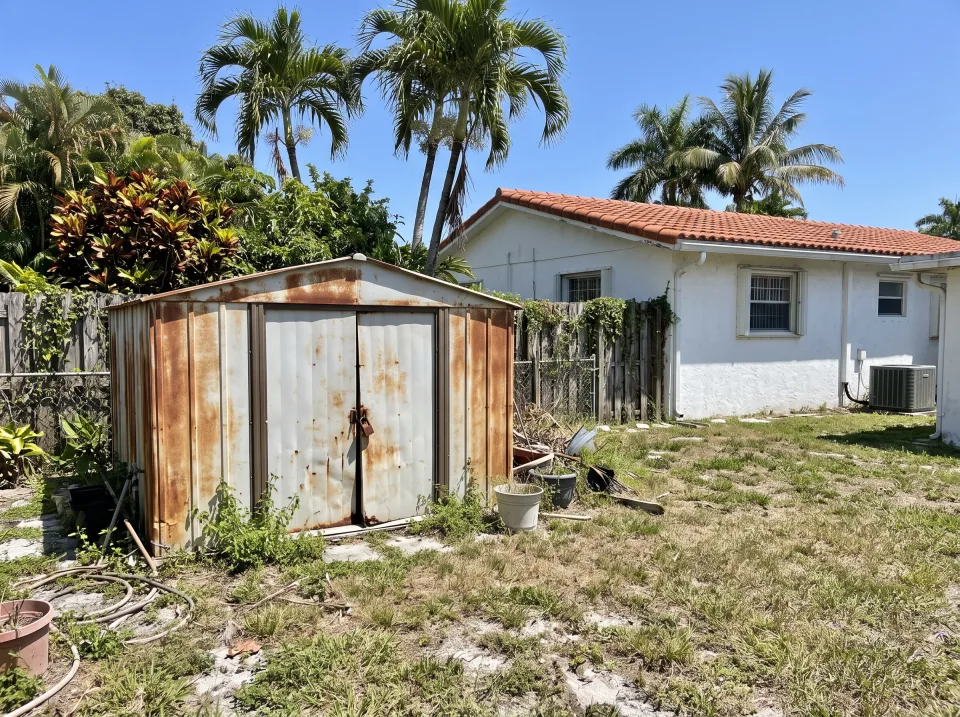 Illustration: a rusted metal garden shed with dented doors in the backyard at a white single-story Pembroke Pines concrete block home with a barrel tile roof and palm trees, clear midday sun