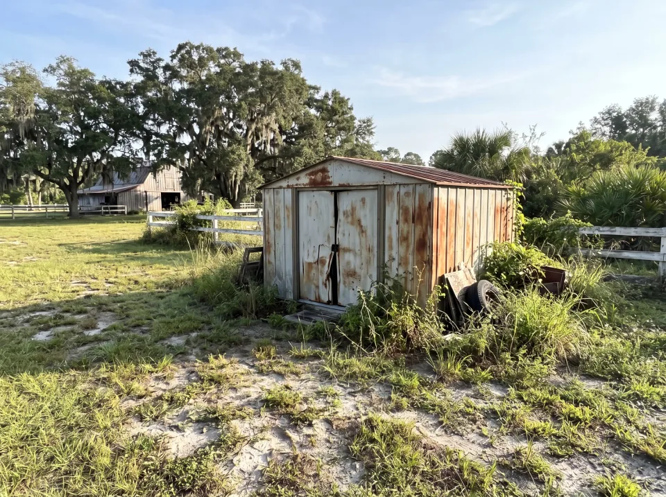 Illustration: a rusted metal garden shed with dented doors in the backyard on a large The Acreage country lot with white horse fencing, oak trees and a barn, bright morning light
