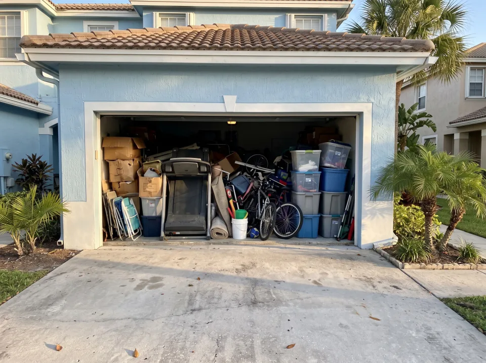 Illustration: a garage packed with boxes, an old treadmill, bikes and storage bins at a sky blue The Crossings townhome with a small front garage and young palms, warm late-afternoon light