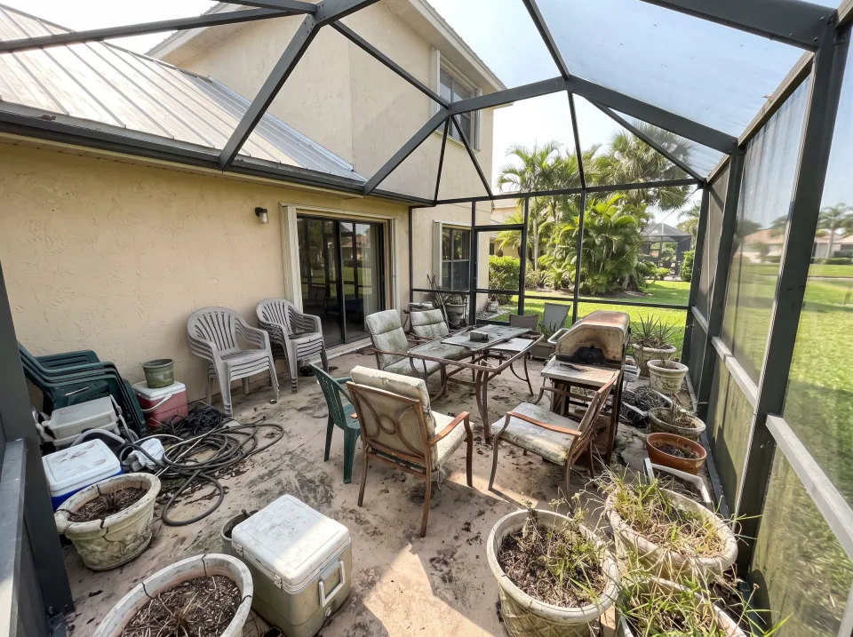 Illustration: a screened patio crowded with faded patio chairs, a broken table, an old grill and planters at a sand beige two-story home in a The Hammocks gated community with manicured landscaping, standing-seam metal roof, clear midday sun