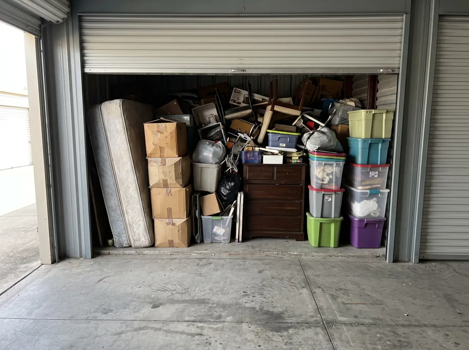 Illustration: a 10x15 self-storage unit with its roll-up door open, crammed with mismatched furniture, boxes, a mattress, a dresser and plastic bins, concrete corridor in front.